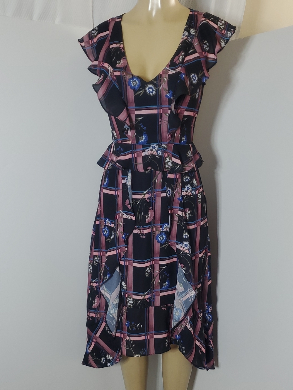 Parker Floral Plaid Ruffle Midi Dress Navy & Pink Size XS